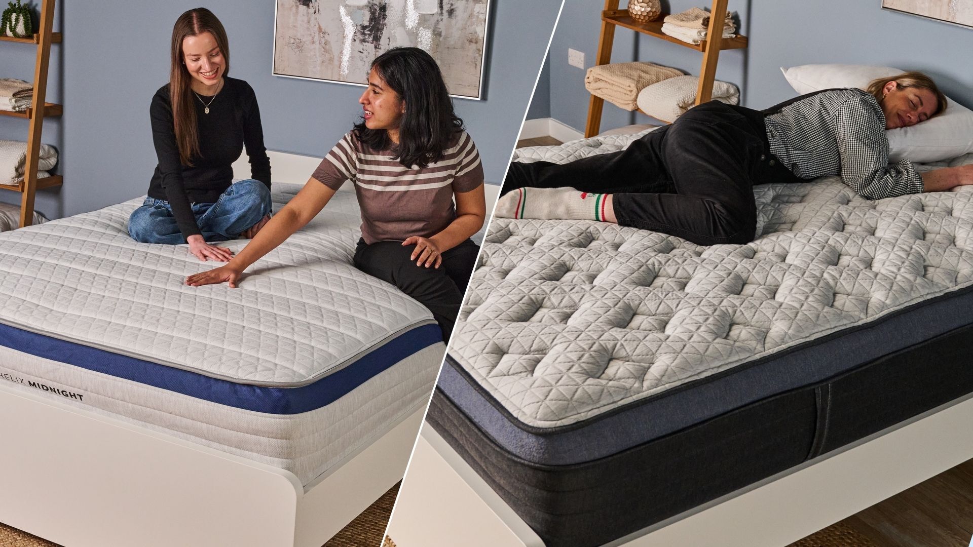 The side by side image shows two female mattress testers sat on a white mattress with a royal blue trim on the left hand side, and a further female mattress tester lying on a mattress with a navy blue trim on the right hand side. 