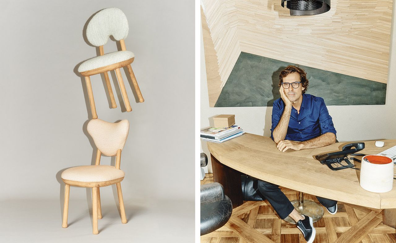 Two side-by-side photos of pieces by Pierre Yovanovitch. In the first photo the ‘Monsieur Oops’ chair is balancing on top of the ‘Madame Oops&#039; chair against a light grey background. And in the second photo Pierre Yovanovitch is sitting at a light wood table that he designed and the room features wood flooring and a large painting on the wall