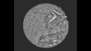 Voyager 2's 1986 image of Miranda, a moon of Uranus named for the daughter of Prospero in Shakespeare's "The Tempest."