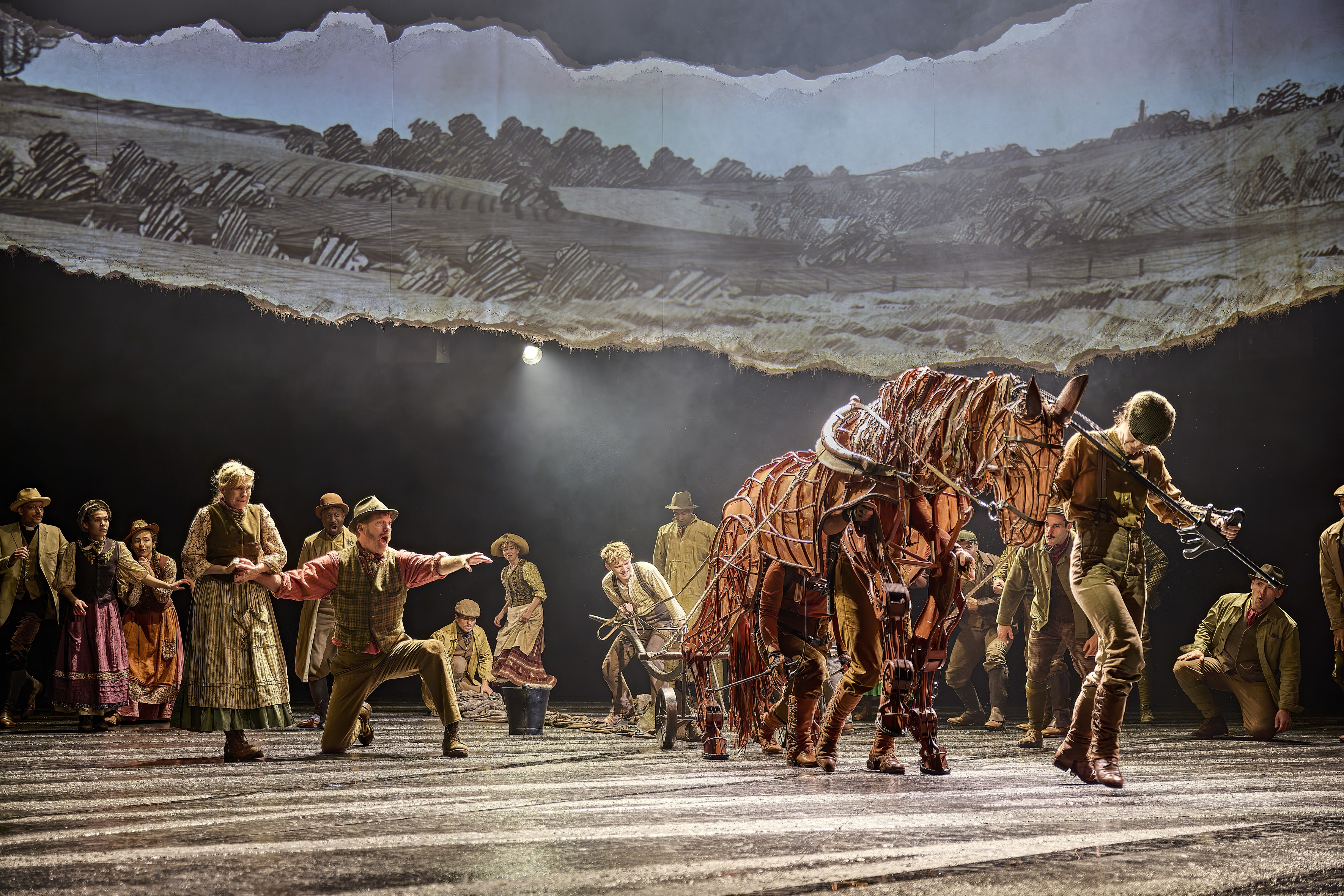 Ploughing scene from War Horse 2026 on stage at National Theatre