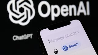 A studio image shows a phone with the new ChatGPT ''Search'' feature, while the OpenAI logo is displayed in the background.