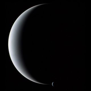 The crescent planet Neptune and its crescent moon Triton