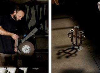Left, Daniele Mingardo working in his workshop. Right, candleholder by Jaime Hayon for A Flame for Research cancer charity project