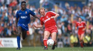 13 May 1989 London - Football League Division One - Wimbledon v Liverpool - Mark Quamina of Wimbledon and Steve McMahon of Liverpool. (Photo by Mark Leech/Offside via Getty Images)