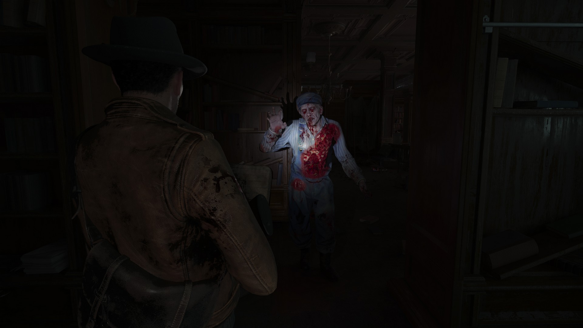 A corpse-like man reaches towards Calvin from the shadows in The Sinking City 2