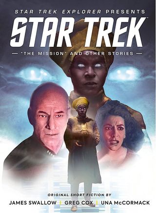 three people in Starfleet uniforms appear under the text "Star Trek: The Mission and Other Stories"