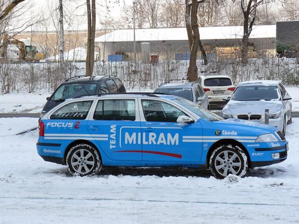 A Milram team car at the launch in wintery Dortmund.