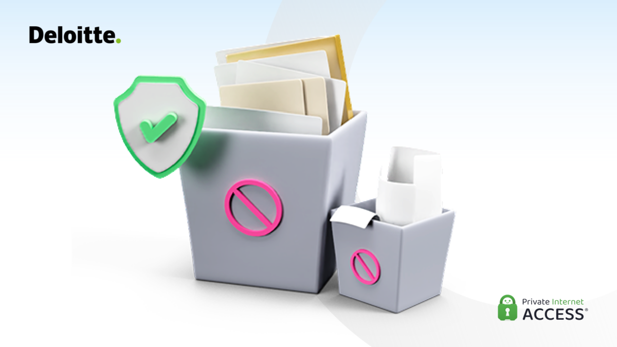 No-logs graphic: two bins filled with folders and the VPN symbol on the top left