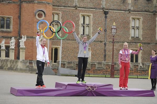 Elite women's time trial podium: Judith Arndt, Kristin Armstrong and Olga Zabelinskaya