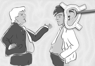 black and white illustration showing two people talking, one of them with a huge ear