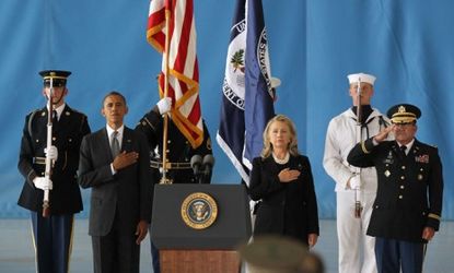 On Sept. 14, President Barack Obama and U.S. Secretary of State Hillary Clinton attend the Transfer of Remains Ceremony for the late Ambassador Christopher Stevens and three other Americans k
