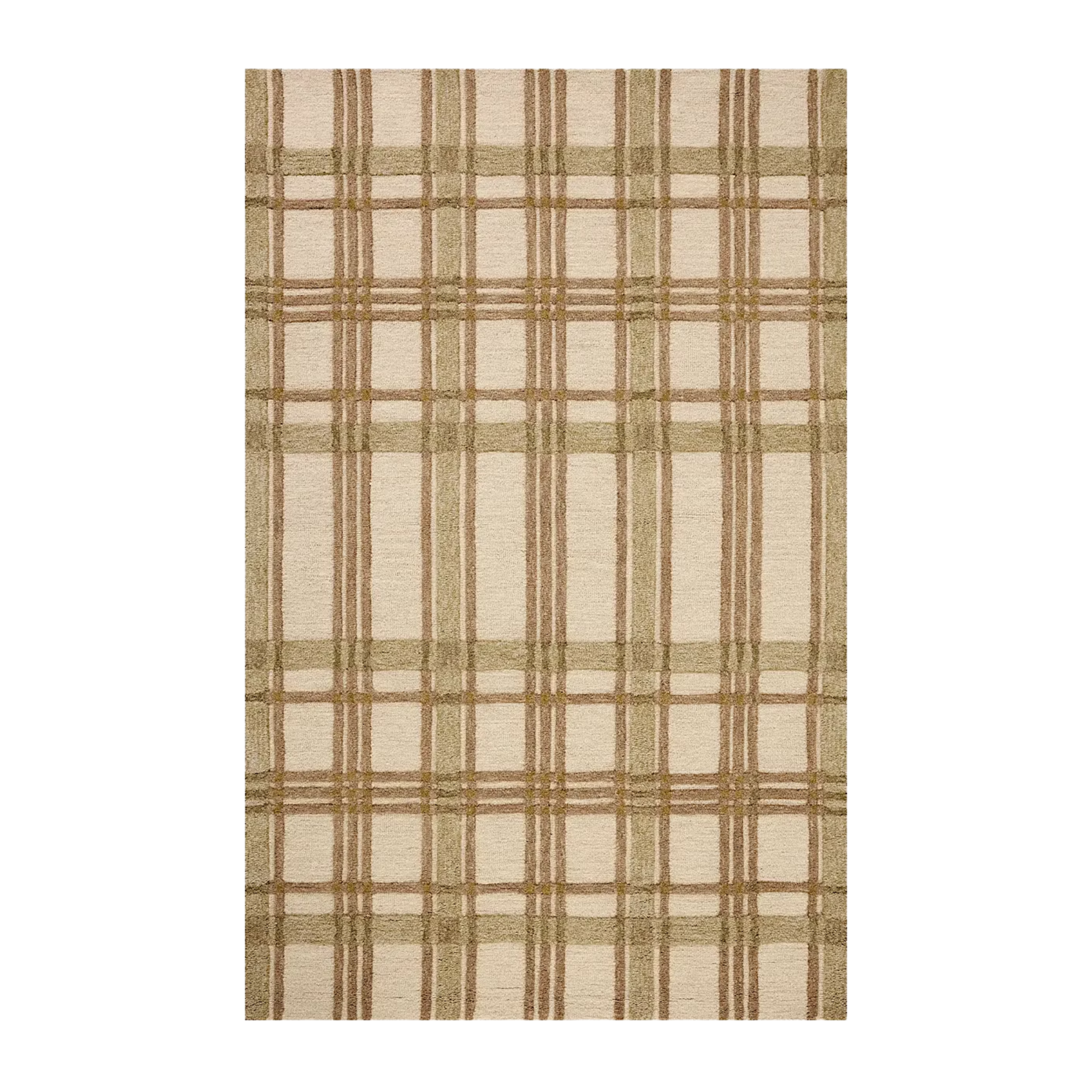 a rug with unique stripe detailing in brown, green, and beige