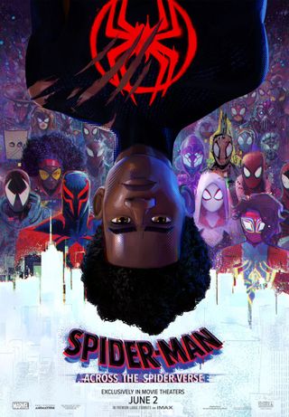 Miles Morales hangs upside-down in front of dozens of variations of Spider-Man.