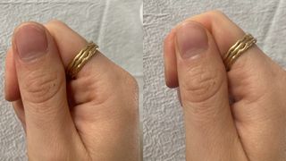 Beauty Editor shows a before and after of her nails using OPI Repair Mode when researching how to strengthen nails