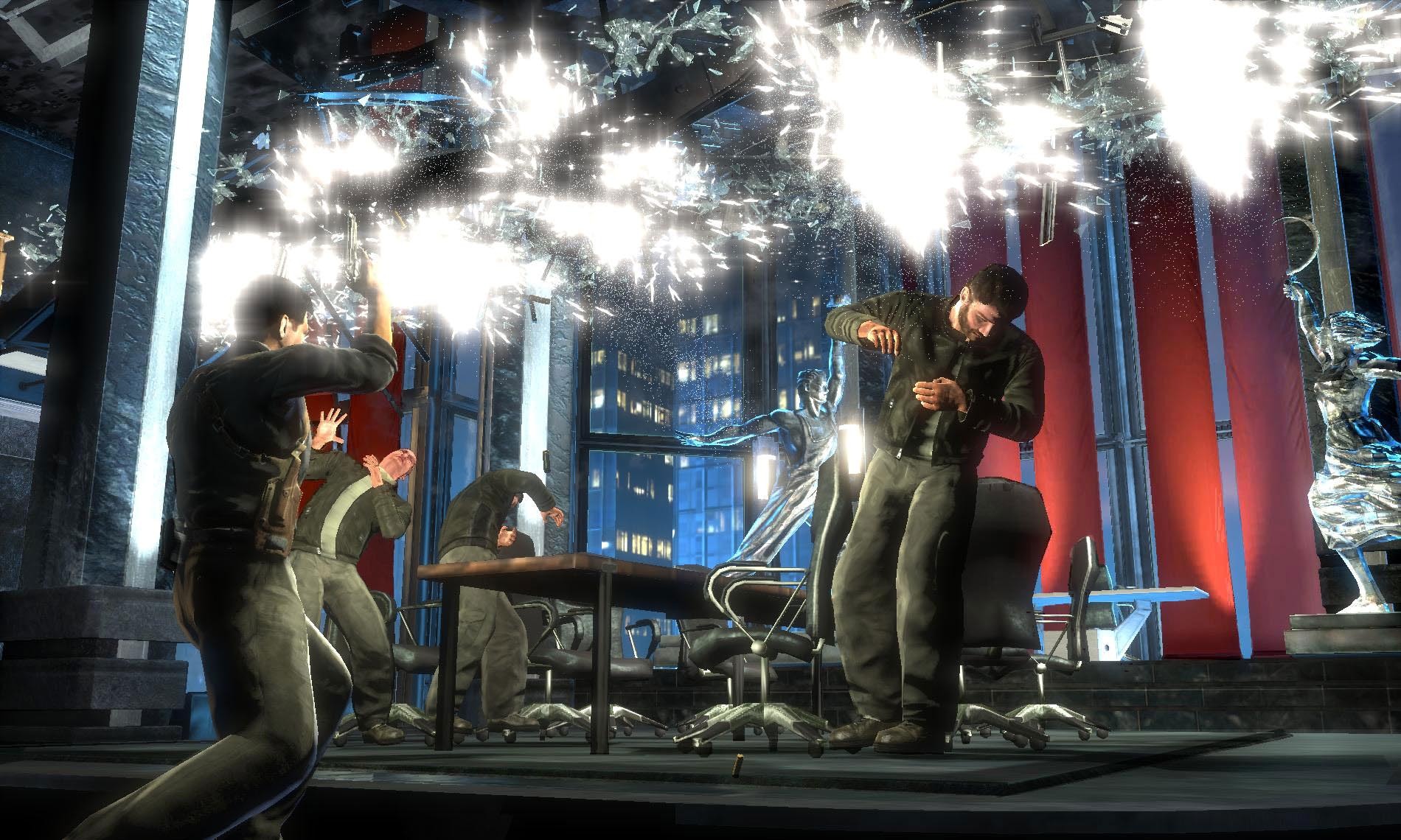 The environments are mostly destructible and you can shoot down objects that will fall on and kill enemies.