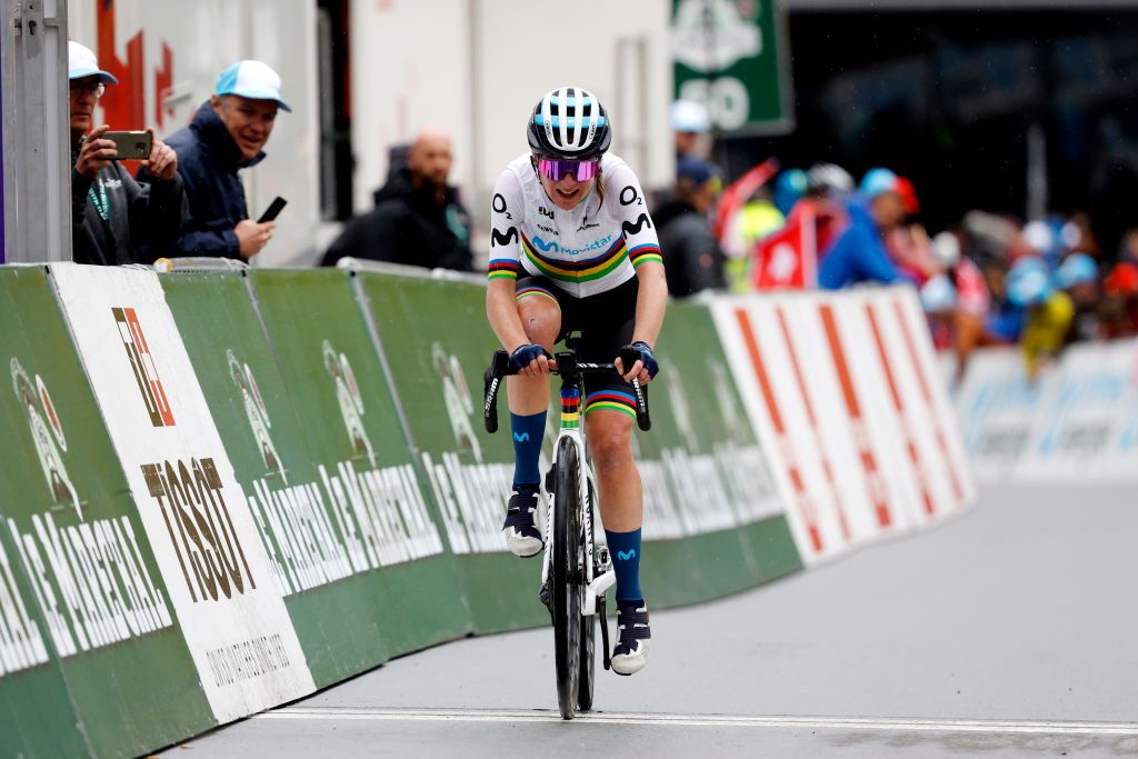 THYON SWITZERLAND OCTOBER 08 Annemiek Van Vleuten of Netherlands and Movistar Team Women crosses the finishing line on second place during the 1st Tour de Romandie Feminin 2022 Stage 2 a 1045km stage from Sion to Thyon 2089m TDRwomen TDRF on October 08 2022 in Thyon Switzerland Photo by Bas CzerwinskiGetty Images