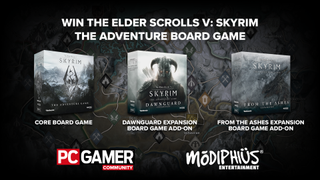 A lineup of Skyrim board game sets, showing what's winnable during this giveaway.