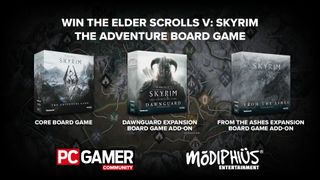 A lineup of Skyrim board game sets, showing what&#039;s winnable during this giveaway.