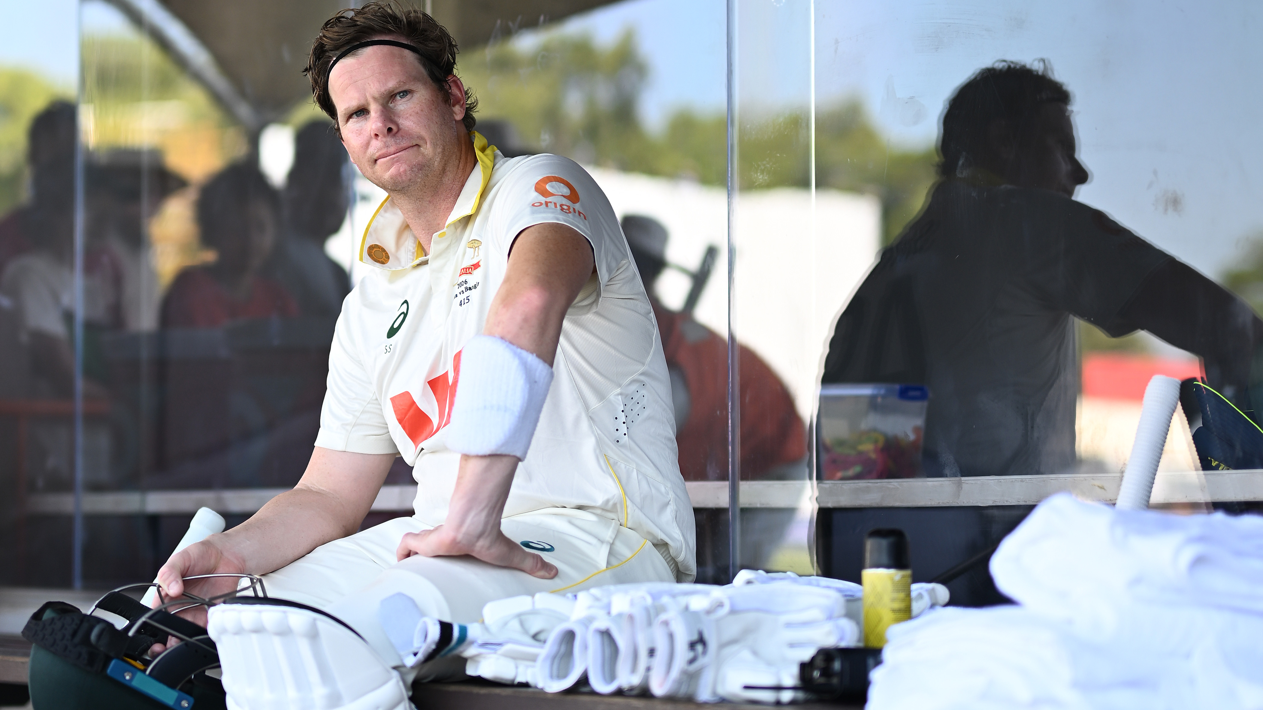 Steve Smith of Australia looks on during day three of the First Test Match in the series between Australia and Bangladesh