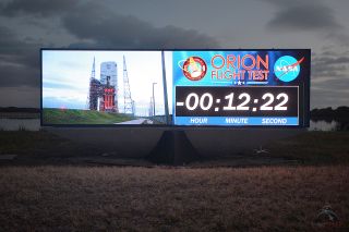 NASA’s modern countdown clock, as seen during its inaugural use at the Kennedy Space Center press site in 2014.