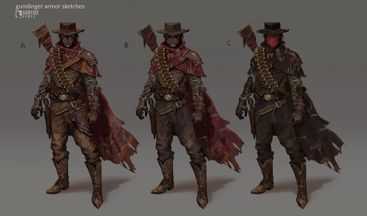 Various concept art of different class models in Remnant 2, showcasing wanderers garbed in various pieces of ramshackle, technological armour.
