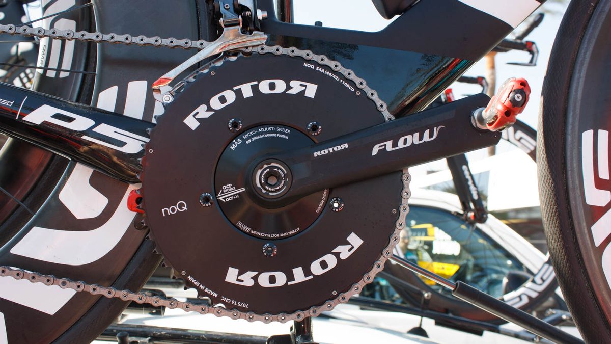 Rotor's aerodynamics Flow cranks, fitted here with standard (round) NoQ rings (Matthew Allen / Immediate Media)