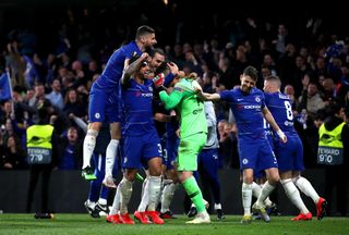 Chelsea players react winning the shootout, which sent them to an all-English final against Arsenal