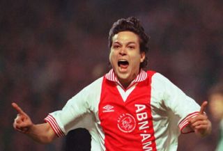 Jari Litmanen celebrates after scoring for Ajax against Panathinaikos in the Champions League semi-finals in April 1996.