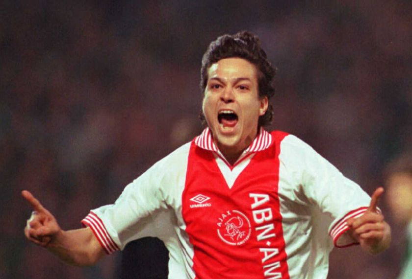 Jari Litmanen celebrates after scoring for Ajax against Panathinaikos in the Champions League semi-finals in April 1996.