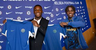 Chelsea Unveil New Signings Romeo Lavia and Moises Caicedo at Chelsea Training Ground on August 14, 2023 in Cobham, England.