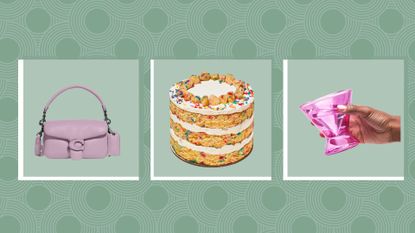 A green collage background with a purple coach purse on the far left, a Milk Bar birthday cake in the middle, and a person's hand holding a pink stemless martini glass on the far right, three 21st birthday gift ideas chosen by woman&home.