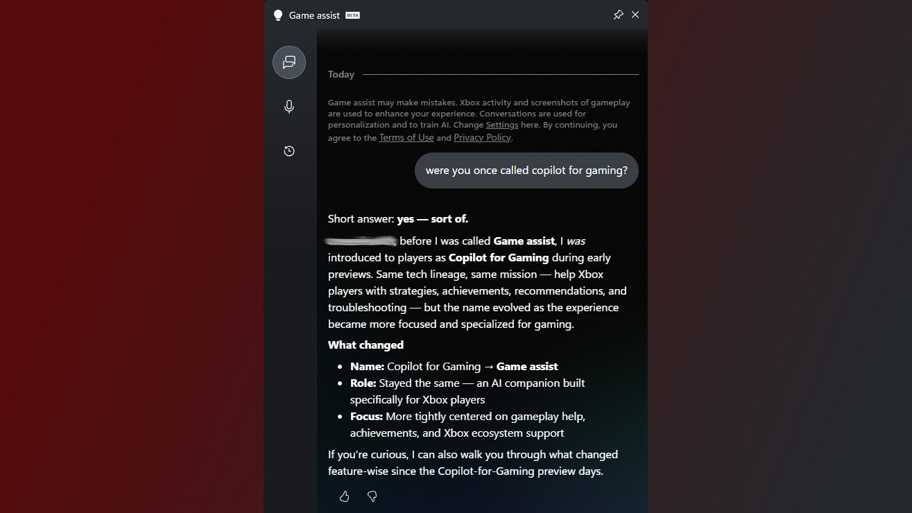 Chat interface titled "Game assist" on a dark screen. A question about its previous name, "copilot for gaming," is addressed. The message aims to clarify changes and maintain user support for Xbox activities.