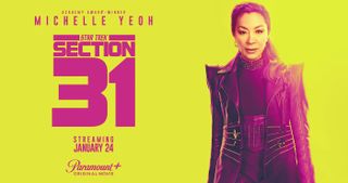 A yellow promo poster with magenta lettering and a futuristic woman