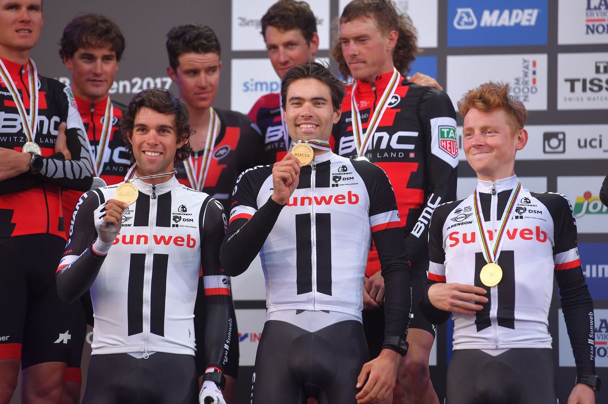 Michael Matthews, left, enjoying his time on the podium after Sunweb's TTT win