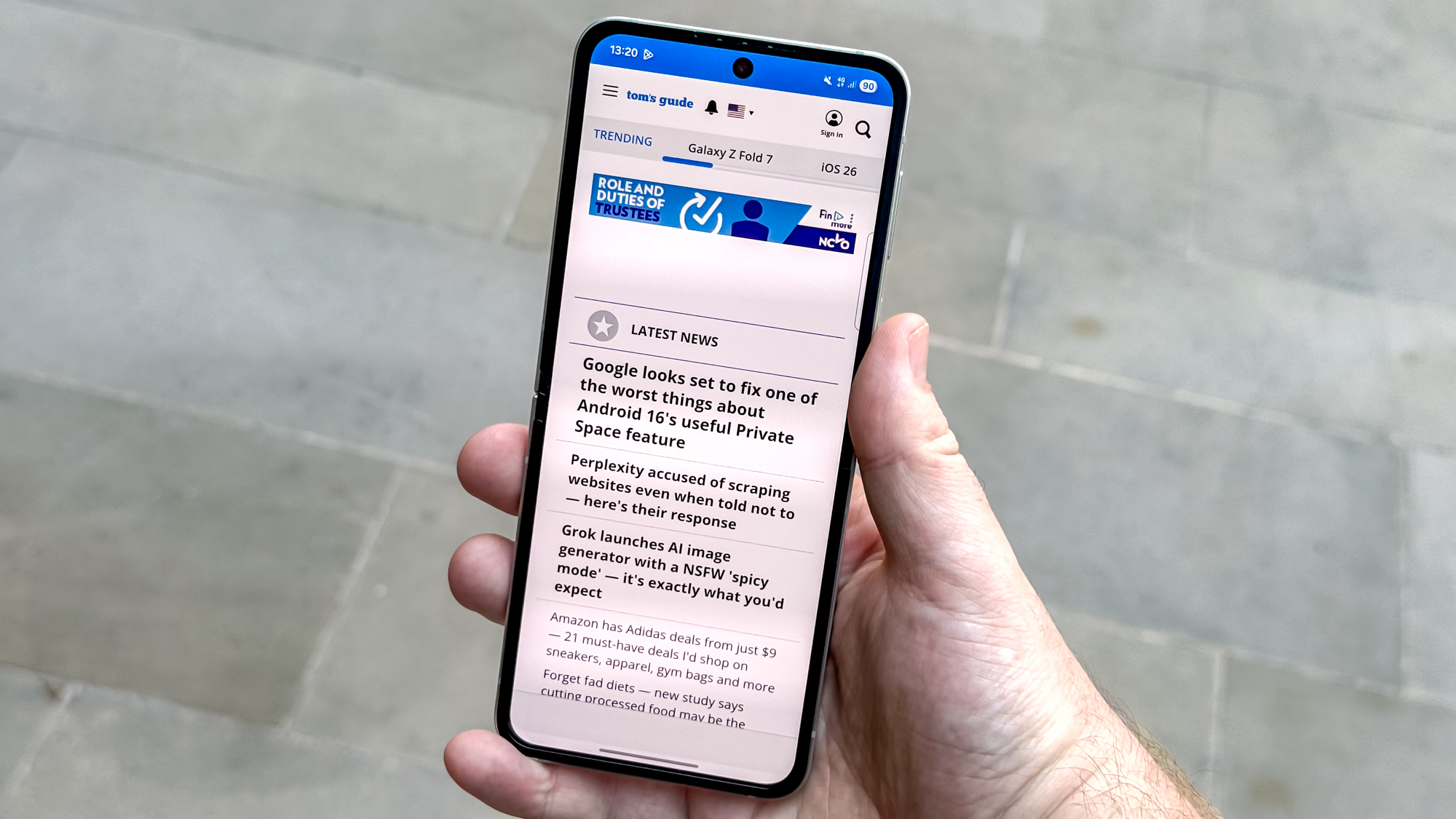 Samsung Galaxy Z Fold 7 FE main display on the Tom's Guide home page