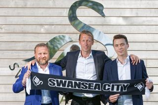 Billy Reid, Graham Potter and Kyle Macaulay during the unveiling of the new manager Graham Potter at The Fairwood Training Ground on June 11, 2018 in Swansea, Wales. (Photo by Athena Pictures/Getty Images) Manchester United and Chelsea