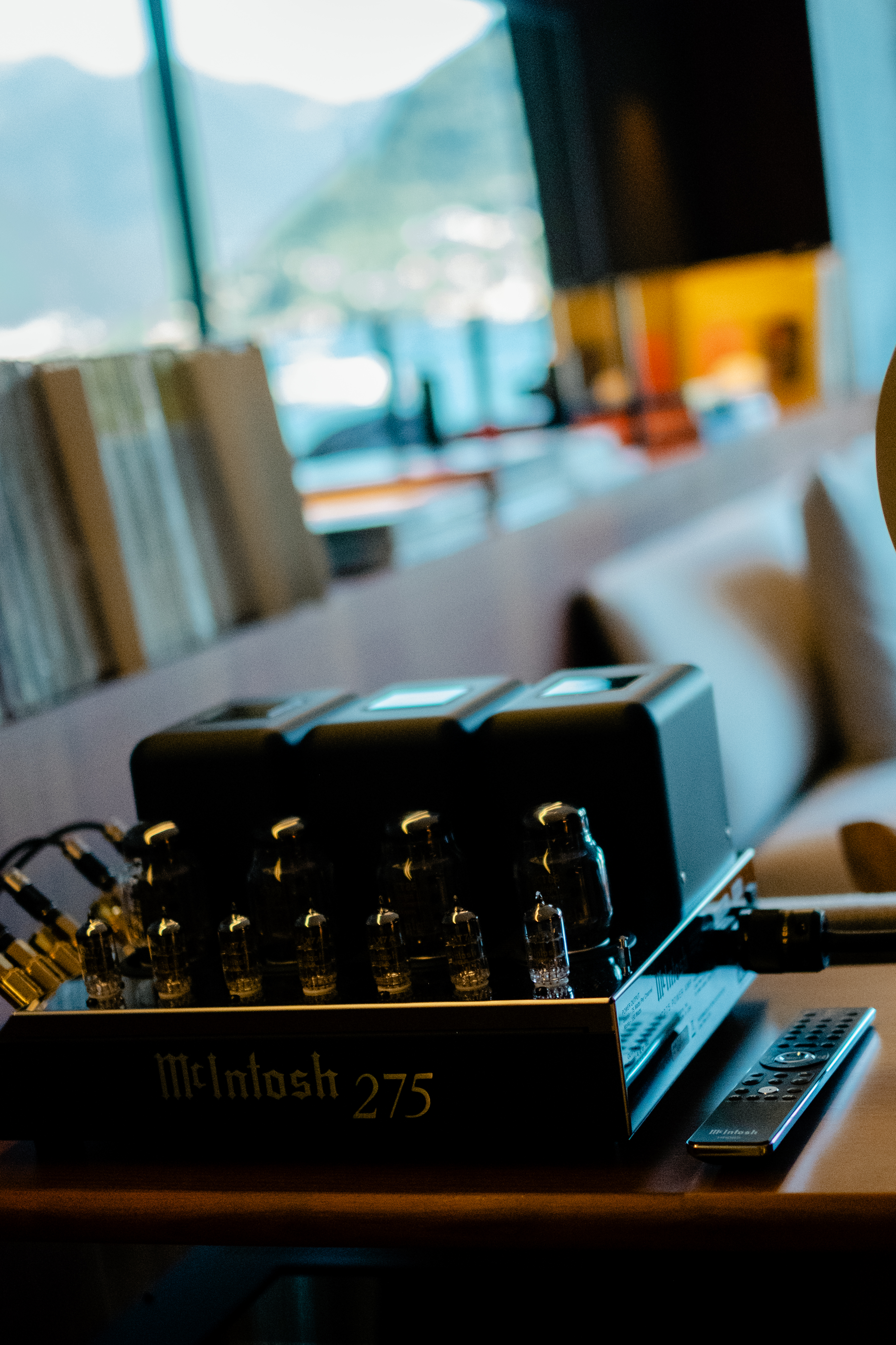 A high-fidelity suite fitted with retro-inspired amplifiers, speakers, a turntable, and a sprawling record collection features a mid-century-cool vibe through wood-clad surfaces and sculptural designs.