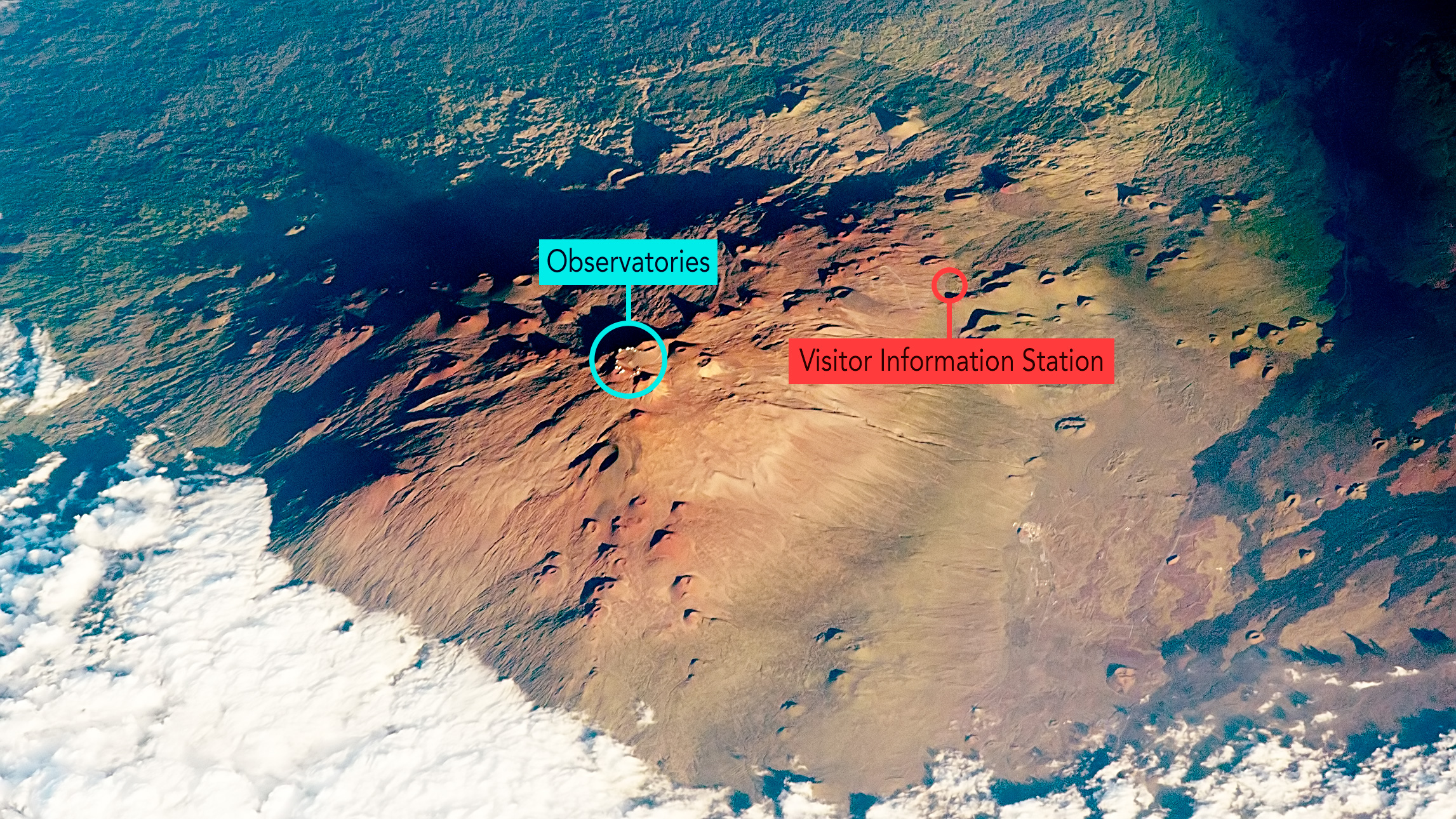 Hawaii's Mauna Kea seen here from the International Space Station. Its summit, at 13,800 feet (4.2 kilometers) hosts several world-class observatories, including the Keck and Subaru telescopes.