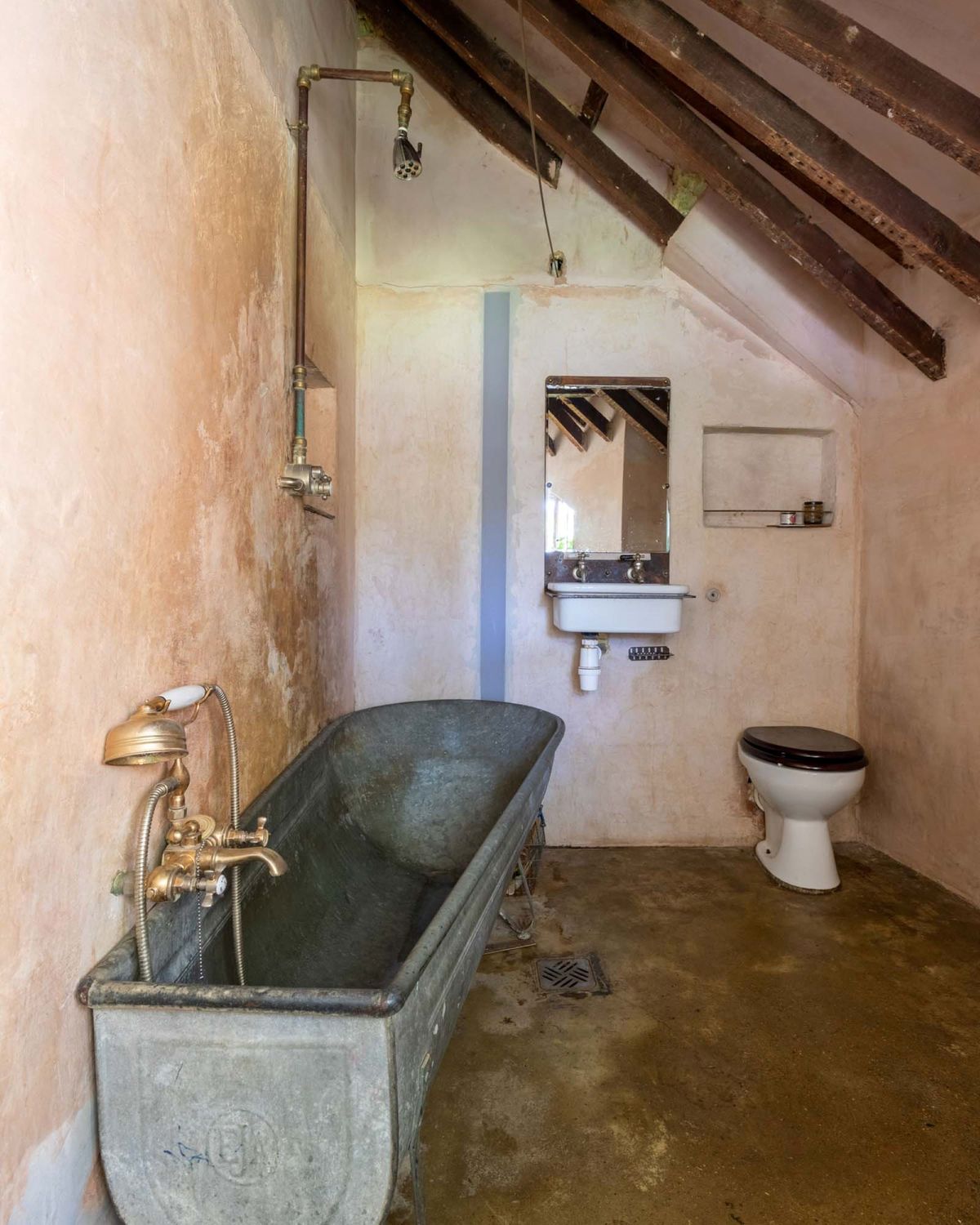 A metal bath and toilet in a bathroom with a triangle roof
