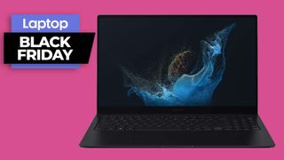 Samsung Galaxy Book 2 Pro open facing the camera on a pink background with a Black Friday banner overlay on the top left corner