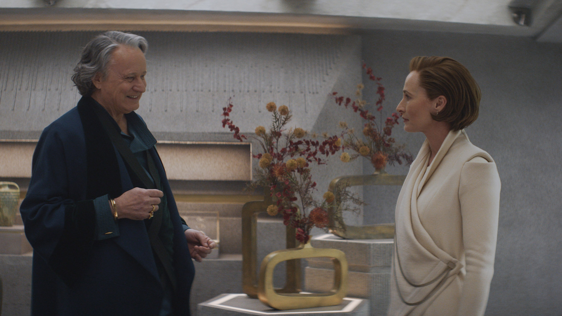 Luthen Rael and Mon Mothma engage in conversation in the former's masquerading store front in Andor's TV show