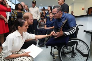 Meghan, Duchess of Sussex and Prince Harry, Duke of Sussex are seen at the Centro de Rehabilitación Inclusiva during The Duke and Duchess of Sussex's Colombia Visit on August 16, 2024 in Bogota, Colombia.