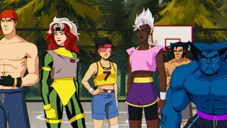 Animated characters from "X-Men '97" stand side-by-side on a basketball court