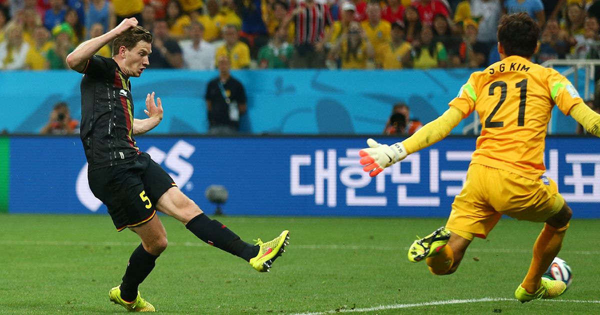 Jan Vertonghen of Belgium scores his team&#039;s first goal during the 2014 FIFA World Cup Brazil Group H match between South Korea and Belgium at Arena de Sao Paulo on June 26, 2014 in Sao Paulo, Brazil