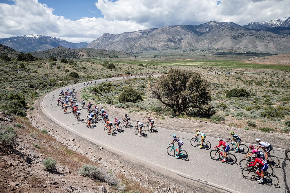 The peloton hits the first climb of the day during stage 2 of the Amgen Tour of California Women's Race