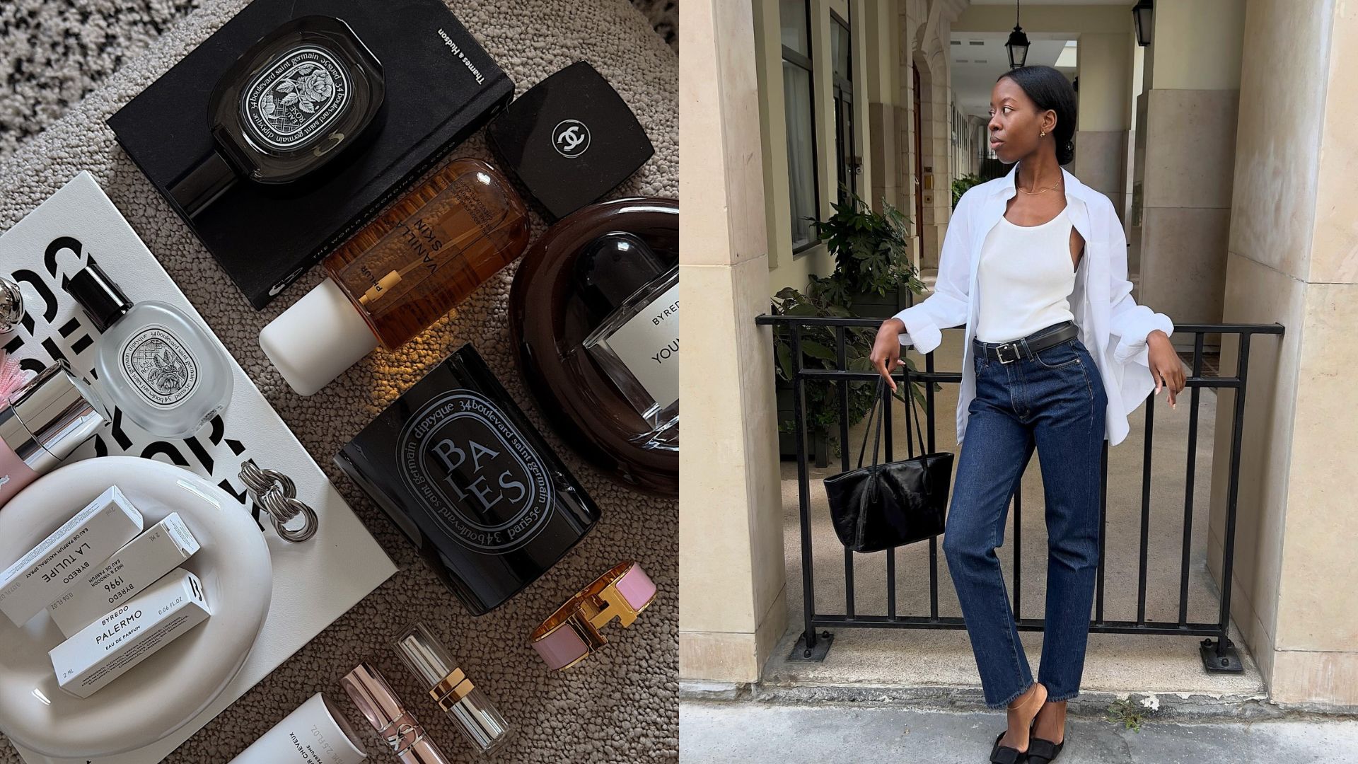 Photo collage of beauty products on a coffee table and creator @sylviemus_ taking a photo outside 