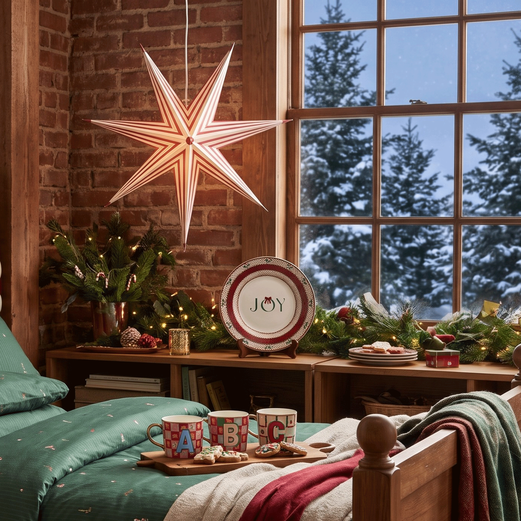 a bedroom with Christmas decorations and tableware