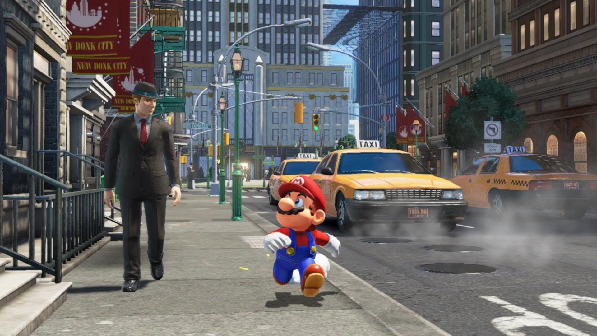 Super Mario Odyssey screenshot of Mario going down a street and looking at a man walking beside him