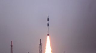 An Indian PSLV rocket lifts off Nov. 28, 2018 at 11:28 p.m. Eastern with ISRO's HysIS satellite and 30 secondary payloads.
