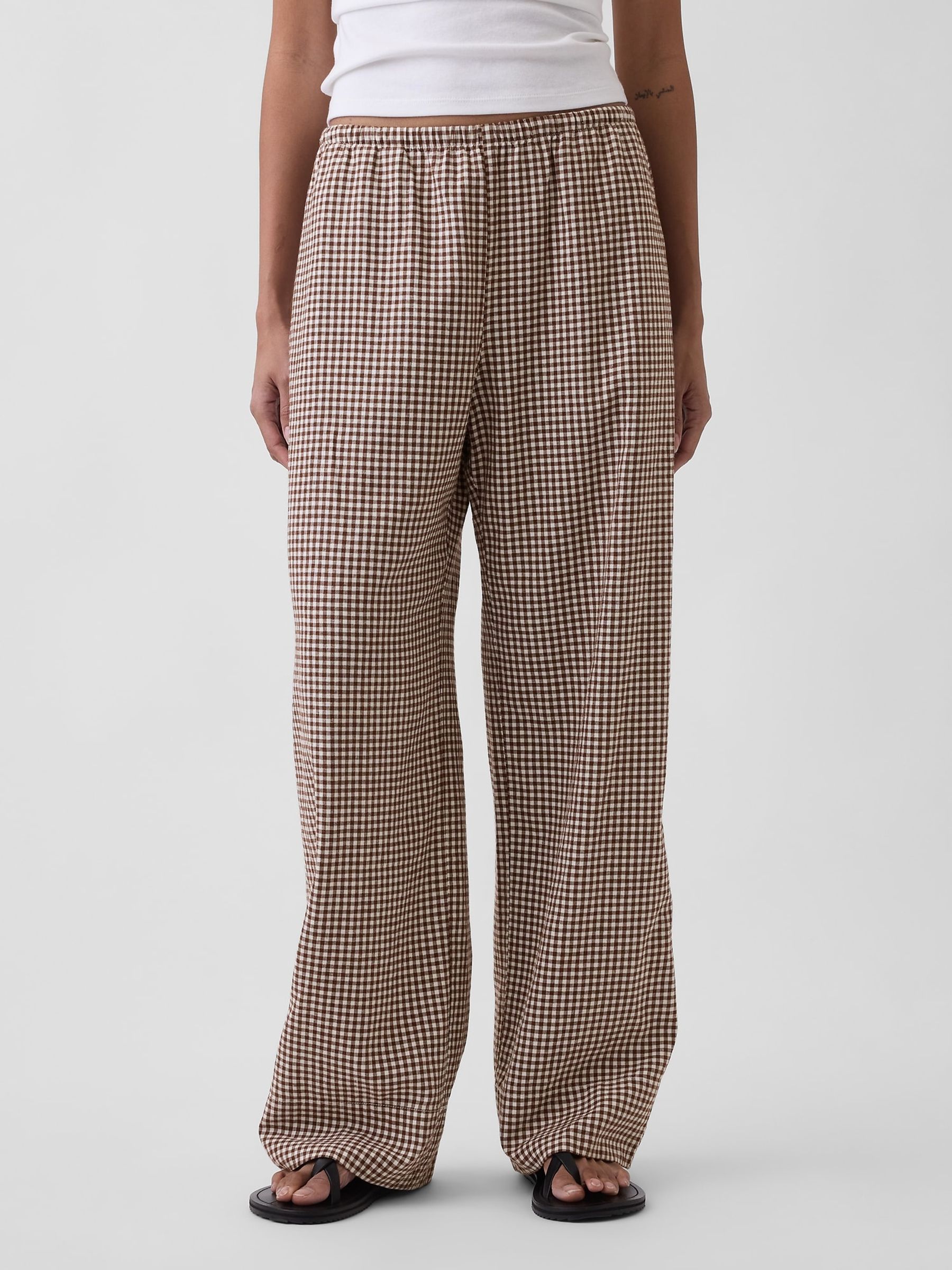 Brown Gingham Linen-Blend Relaxed Wide-Leg Trousers